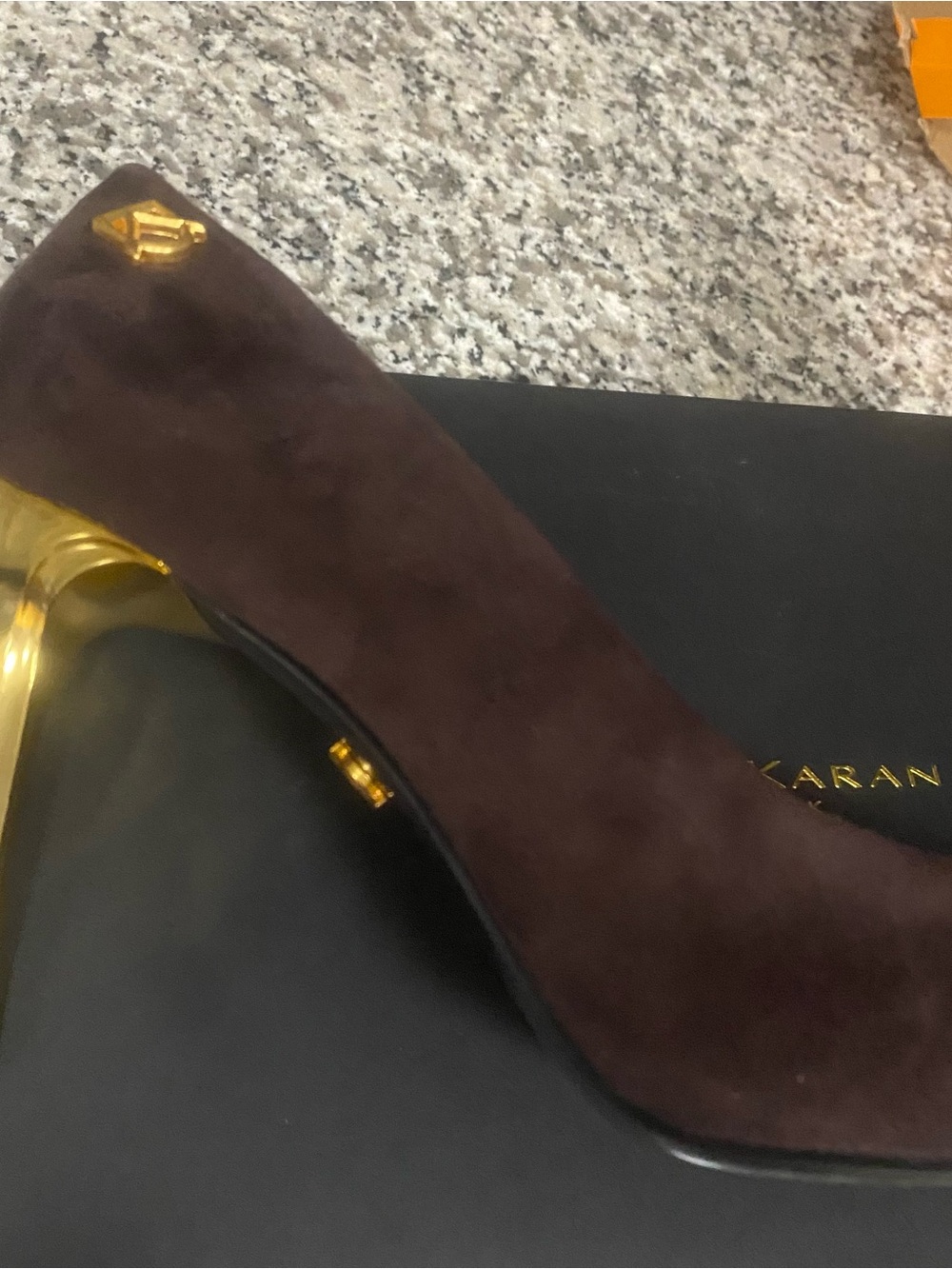 Donna Karan Dark Brown Suede Pointed Heel with Gold Accents - Picture 10 of 10